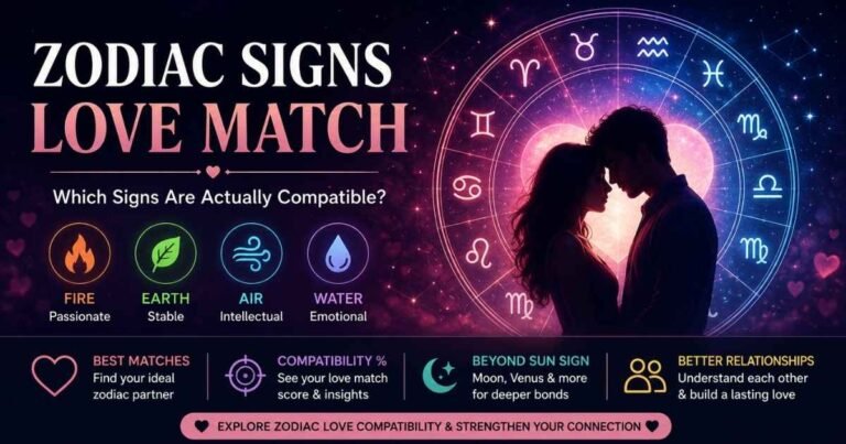 Zodiac signs love match showing compatible zodiac signs, elements, and romantic compatibility